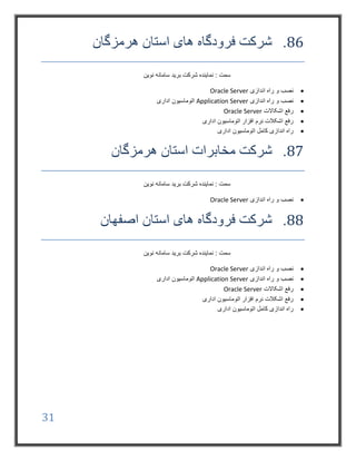 31
86.‫هرمزگان‬ ‫استان‬ ‫های‬ ‫فرودگاه‬ ‫شرکت‬
‫نوین‬ ‫سامانه‬ ‫برید‬ ‫شرکت‬ ‫نماینده‬ : ‫سمت‬
‫اندازی‬ ‫راه‬ ‫و‬ ‫نصب‬Oracle Server
‫اندازی‬ ‫راه‬ ‫و‬ ‫نصب‬Application Server‫اداری‬ ‫اتوماسیون‬
‫اشکاالت‬ ‫رفع‬Oracle Server
‫اداری‬ ‫اتوماسیون‬ ‫افزار‬ ‫نرم‬ ‫اشکالت‬ ‫رفع‬
‫اداری‬ ‫اتوماسیون‬ ‫کامل‬ ‫اندازی‬ ‫راه‬
87.‫هرمزگان‬ ‫استان‬ ‫مخابرات‬ ‫شرکت‬
‫نوین‬ ‫سامانه‬ ‫برید‬ ‫شرکت‬ ‫نماینده‬ : ‫سمت‬
‫اندازی‬ ‫راه‬ ‫و‬ ‫نصب‬Oracle Server
88.‫اصفهان‬ ‫استان‬ ‫های‬ ‫فرودگاه‬ ‫شرکت‬
‫سامان‬ ‫برید‬ ‫شرکت‬ ‫نماینده‬ : ‫سمت‬‫نوین‬ ‫ه‬
‫اندازی‬ ‫راه‬ ‫و‬ ‫نصب‬Oracle Server
‫اندازی‬ ‫راه‬ ‫و‬ ‫نصب‬Application Server‫اداری‬ ‫اتوماسیون‬
‫اشکاالت‬ ‫رفع‬Oracle Server
‫اداری‬ ‫اتوماسیون‬ ‫افزار‬ ‫نرم‬ ‫اشکالت‬ ‫رفع‬
‫اداری‬ ‫اتوماسیون‬ ‫کامل‬ ‫اندازی‬ ‫راه‬
 
