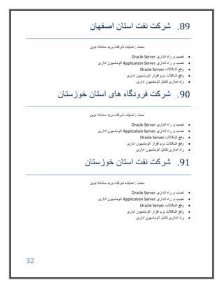 32
89.‫اصفهان‬ ‫استان‬ ‫نفت‬ ‫شرکت‬
‫نوین‬ ‫سامانه‬ ‫برید‬ ‫شرکت‬ ‫نماینده‬ : ‫سمت‬
‫اندازی‬ ‫راه‬ ‫و‬ ‫نصب‬Oracle Server
‫اندازی‬ ‫راه‬ ‫و‬ ‫نصب‬Application Server‫اداری‬ ‫اتوماسیون‬
‫اشکاالت‬ ‫رفع‬Oracle Server
‫اداری‬ ‫اتوماسیون‬ ‫افزار‬ ‫نرم‬ ‫اشکالت‬ ‫رفع‬
‫اداری‬ ‫اتوماسیون‬ ‫کامل‬ ‫اندازی‬ ‫راه‬
90.‫خوزستان‬ ‫استان‬ ‫های‬ ‫فرودگاه‬ ‫شرکت‬
‫نوین‬ ‫سامانه‬ ‫برید‬ ‫شرکت‬ ‫نماینده‬ : ‫سمت‬
‫ر‬ ‫و‬ ‫نصب‬‫اندازی‬ ‫اه‬Oracle Server
‫اندازی‬ ‫راه‬ ‫و‬ ‫نصب‬Application Server‫اداری‬ ‫اتوماسیون‬
‫اشکاالت‬ ‫رفع‬Oracle Server
‫اداری‬ ‫اتوماسیون‬ ‫افزار‬ ‫نرم‬ ‫اشکالت‬ ‫رفع‬
‫اداری‬ ‫اتوماسیون‬ ‫کامل‬ ‫اندازی‬ ‫راه‬
91.‫خوزستان‬ ‫استان‬ ‫نفت‬ ‫شرکت‬
‫نوین‬ ‫سامانه‬ ‫برید‬ ‫شرکت‬ ‫نماینده‬ : ‫سمت‬
‫اندازی‬ ‫راه‬ ‫و‬ ‫نصب‬Oracle Server
‫اندازی‬ ‫راه‬ ‫و‬ ‫نصب‬Application Server‫اداری‬ ‫اتوماسیون‬
‫اشکاالت‬ ‫رفع‬Oracle Server
‫اداری‬ ‫اتوماسیون‬ ‫افزار‬ ‫نرم‬ ‫اشکالت‬ ‫رفع‬
‫اداری‬ ‫اتوماسیون‬ ‫کامل‬ ‫اندازی‬ ‫راه‬
 