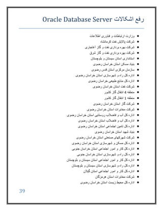 39
‫اشکاالت‬ ‫رفع‬Oracle Database Server
‫اطالعات‬ ‫فناوری‬ ‫و‬ ‫ارتباطات‬ ‫وزارت‬
‫کرمانشاه‬ ‫نفت‬ ‫پاالیش‬ ‫شرکت‬
‫آغاجاری‬ ‫گاز‬ ‫و‬ ‫نفت‬ ‫برداری‬ ‫بهره‬ ‫شرکت‬
‫شرق‬ ‫گاز‬ ‫و‬ ‫نفت‬ ‫برداری‬ ‫بهره‬ ‫شرکت‬
‫استان‬ ‫استانداری‬‫بلوچستان‬ ‫و‬ ‫سیستان‬
‫رضوی‬ ‫خراسان‬ ‫استان‬ ‫مسکن‬ ‫بنیاد‬
‫رضوی‬ ‫قدس‬ ‫آستان‬ ‫مرکزی‬ ‫سازمان‬
‫کل‬ ‫اداره‬‫شهرسازی‬ ‫و‬ ‫راه‬‫رضوی‬ ‫خراسان‬ ‫استان‬
‫رضوی‬ ‫خراسان‬ ‫طبیعی‬ ‫منابع‬ ‫کل‬ ‫اداره‬
‫رضوی‬ ‫خراسان‬ ‫استان‬ ‫نفت‬ ‫شرکت‬
‫منطقه‬4‫کشور‬ ‫گاز‬ ‫انتقال‬
‫منطقه‬1‫کشور‬ ‫گاز‬ ‫انتقال‬
‫رضوی‬ ‫خراسان‬ ‫استان‬ ‫گاز‬ ‫شرکت‬
‫شرکت‬‫رضوی‬ ‫خراسان‬ ‫استان‬ ‫مخابرات‬
‫رضوی‬ ‫خراسان‬ ‫استان‬ ‫روستایی‬ ‫فاضالب‬ ‫و‬ ‫آب‬ ‫کل‬ ‫اداره‬
‫رضوی‬ ‫خراسان‬ ‫استان‬ ‫فاضالب‬ ‫و‬ ‫آب‬ ‫کل‬ ‫اداره‬
‫رضوی‬ ‫خراسان‬ ‫استان‬ ‫اجتماعی‬ ‫تامین‬ ‫کل‬ ‫اداره‬
‫رضوی‬ ‫خراسان‬ ‫استان‬ ‫شهید‬ ‫بنیاد‬
‫رضوی‬ ‫خراسان‬ ‫استان‬ ‫صنعتی‬ ‫شهرکهای‬ ‫شرکت‬
‫خراسان‬ ‫استان‬ ‫شهرسازی‬ ‫و‬ ‫مسکن‬ ‫کل‬ ‫اداره‬‫رضوی‬
‫جنوبی‬ ‫خراسان‬ ‫استان‬ ‫اجتماعی‬ ‫امور‬ ‫و‬ ‫کار‬ ‫کل‬ ‫اداره‬
‫کل‬ ‫اداره‬‫جنوبی‬ ‫خراسان‬ ‫استان‬ ‫شهرسازی‬ ‫و‬ ‫راه‬
‫بلوچستان‬ ‫و‬ ‫سیستان‬ ‫استان‬ ‫اجتماعی‬ ‫امور‬ ‫و‬ ‫کار‬ ‫کل‬ ‫اداره‬
‫کل‬ ‫اداره‬‫شهرسازی‬ ‫و‬ ‫راه‬‫بلوچستان‬ ‫و‬ ‫سیستان‬ ‫استان‬
‫امور‬ ‫و‬ ‫کار‬ ‫کل‬ ‫اداره‬‫گیالن‬ ‫استان‬ ‫اجتماعی‬
‫استان‬ ‫مخابرات‬ ‫شرکت‬‫هرمزگان‬
‫رضوی‬ ‫خراسان‬ ‫استان‬ ‫زیست‬ ‫محیط‬ ‫کل‬ ‫اداره‬
 