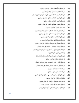 4
25.‫رضوی‬ ‫خراسان‬ ‫استان‬ ‫های‬ ‫فرودگاه‬ ‫شرکت‬
26.‫رضوی‬ ‫خراسان‬ ‫استان‬ ‫مخابرات‬ ‫شرکت‬
27.‫رضوی‬ ‫خراسان‬ ‫استان‬ ‫روستایی‬ ‫فاضالب‬ ‫و‬ ‫آب‬ ‫کل‬ ‫اداره‬
28.‫رضوی‬ ‫خراسان‬ ‫استان‬ ‫فاضالب‬ ‫و‬ ‫آب‬ ‫کل‬ ‫اداره‬
29.‫اداره‬‫استان‬ ‫فاضالب‬ ‫و‬ ‫آب‬ ‫کل‬‫بوشهر‬
30.‫رضوی‬ ‫خراسان‬ ‫استان‬ ‫اجتماعی‬ ‫تامین‬ ‫کل‬ ‫اداره‬
31.‫رضوی‬ ‫خراسان‬ ‫استان‬ ‫شهید‬ ‫بنیاد‬
32.‫رضوی‬ ‫خراسان‬ ‫استان‬ ‫صنعتی‬ ‫های‬ ‫شهرک‬ ‫شرکت‬
33.‫رضوی‬ ‫خراسان‬ ‫استان‬ ‫زیست‬ ‫محیط‬ ‫کل‬ ‫اداره‬
34.‫رضوی‬ ‫خراسان‬ ‫استان‬ ‫استاندارد‬ ‫کل‬ ‫اداره‬
35.‫رضوی‬ ‫خراسان‬ ‫استان‬ ‫دامپزشکی‬ ‫کل‬ ‫اداره‬
36.‫کل‬ ‫اداره‬‫رضوی‬ ‫خراسان‬ ‫استان‬ ‫شهرسازی‬ ‫و‬ ‫مسکن‬
37.‫شمالی‬ ‫خراسان‬ ‫استان‬ ‫شهرسازی‬ ‫و‬ ‫راه‬ ‫کل‬ ‫اداره‬
38.‫رضوی‬ ‫خراسان‬ ‫استان‬ ‫مهاجرین‬ ‫و‬ ‫اتباع‬ ‫امور‬ ‫کل‬ ‫اداره‬
39.‫شاهرود‬ ‫شهرستان‬ ‫فرمانداری‬
40.‫کل‬ ‫اداره‬‫شهرسازی‬ ‫و‬ ‫راه‬)‫(شاهرود‬ ‫سمنان‬ ‫استان‬
41.‫شمالی‬ ‫خراسان‬ ‫استان‬ ‫نفت‬ ‫شرکت‬
42.‫خر‬ ‫استان‬ ‫اجتماعی‬ ‫امور‬ ‫و‬ ‫کار‬ ‫کل‬ ‫اداره‬‫شمالی‬ ‫اسان‬
43.‫شمالی‬ ‫خراسان‬ ‫استان‬ ‫صنعتی‬ ‫های‬ ‫شهرک‬ ‫شرکت‬
44.‫شیروان‬ ‫شهرستان‬ ‫نفت‬ ‫شرکت‬
45.‫اسفراین‬ ‫شهرستان‬ ‫نفت‬ ‫شرکت‬
46.‫جنوبی‬ ‫خراسان‬ ‫استان‬ ‫اجتماعی‬ ‫امور‬ ‫و‬ ‫کار‬ ‫کل‬ ‫اداره‬
47.‫جنوبی‬ ‫خراسان‬ ‫استان‬ ‫استانداری‬
48.‫اداره‬‫جنوبی‬ ‫خراسان‬ ‫استان‬ ‫شهرسازی‬ ‫و‬ ‫راه‬
49.‫جنوبی‬ ‫خراسان‬ ‫استان‬ ‫نقل‬ ‫و‬ ‫حمل‬ ‫کل‬ ‫اداره‬
50.‫فردوس‬ ‫شهرستان‬ ‫اجتماعی‬ ‫امور‬ ‫و‬ ‫کار‬ ‫اداره‬
 