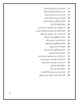 6
77.)‫لرستان‬ ‫(استان‬ ‫آباد‬ ‫خرم‬ ‫فرمانداری‬
78.‫فرمانداری‬‫کوهدشت‬)‫لرستان‬ ‫(استان‬
79.‫فرمانداری‬‫رود‬ ‫دو‬)‫لرستان‬ ‫(استان‬
80.‫فرمانداری‬‫بروجرد‬)‫لرستان‬ ‫(استان‬
81.‫فرمانداری‬‫الیگودرز‬)‫لرستان‬ ‫(استان‬
82.‫منطقه‬9‫کشور‬ ‫گاز‬ ‫انتقال‬
83.‫مازنداران‬ ‫استان‬ ‫اجتماعی‬ ‫امور‬ ‫و‬ ‫کار‬ ‫کل‬ ‫اداره‬
84.‫سازی‬ ‫کابل‬ ‫کارخانه‬‫یزد‬ ‫استان‬ ‫قندی‬ ‫شهید‬ ‫مخابراتی‬
85.‫گیالن‬ ‫استان‬ ‫اجتماعی‬ ‫امور‬ ‫و‬ ‫کار‬ ‫کل‬ ‫اداره‬
86.‫هرمزگان‬ ‫استان‬ ‫فرودگاههای‬ ‫شرکت‬
87.‫هرمزگان‬ ‫استان‬ ‫مخابرات‬ ‫شرکت‬
88.‫شرکت‬‫اصفهان‬ ‫استان‬ ‫فرودگاههای‬
89.‫اصفهان‬ ‫استان‬ ‫نفت‬ ‫شرکت‬
90.‫خوزستان‬ ‫استان‬ ‫فرودگاههای‬ ‫شرکت‬
91.‫خوزستان‬ ‫استان‬ ‫نفت‬ ‫شرکت‬
92.‫خوزستان‬ ‫استان‬ ‫اجتماعی‬ ‫امور‬ ‫و‬ ‫کار‬ ‫کل‬ ‫اداره‬
93.‫کل‬ ‫اداره‬‫شهرسازی‬ ‫و‬ ‫راه‬‫خوزستان‬ ‫استان‬
94.‫کل‬ ‫اداره‬‫شهرسازی‬ ‫و‬ ‫راه‬‫مرکزی‬ ‫استان‬
95.‫اهواز‬ ‫نفت‬ ‫شرکت‬ ‫دانشگاه‬
96.‫آبادان‬ ‫نفت‬ ‫شرکت‬ ‫دانشگاه‬
97.‫شرکت‬‫نف‬ ‫برداری‬ ‫بهره‬‫گاز‬ ‫و‬ ‫ت‬‫گچساران‬
98.)‫(ارومیه‬ ‫غربی‬ ‫آذربایجان‬ ‫استان‬ ‫نفت‬ ‫شرکت‬
 