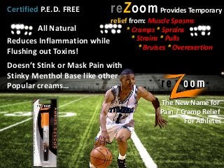 The New Name for
Pain / Cramp Relief
For Athletes
Certified P.E.D. FREE
Doesn’t Stink or Mask Pain with
Stinky Menthol Base like other
Popular creams…
Reduces Inflammation while
Flushing out Toxins!
reZoom Provides Temporary
relief from: Muscle Spasms
* Cramps * Sprains
* Strains * Pulls
* Bruises * Overexertion
All Natural
 