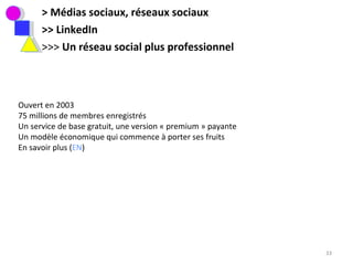 > Médias sociaux, réseaux sociaux >> LinkedIn >>>  Un réseau social plus professionnel Ouvert en 2003 75 millions de membres enregistrés Un service de base gratuit, une version « premium » payante Un modèle économique qui commence à porter ses fruits En savoir plus ( EN ) 