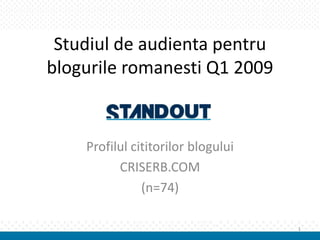Studiul de audienta pentru
blogurile romanesti Q1 2009


    Profilul cititorilor blogului
          CRISERB.COM
               (n=74)

                                    1
 