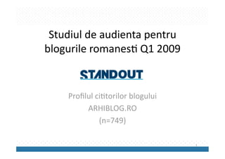 Studiul de audienta pentru 
blogurile romanes2 Q1 2009 


    Proﬁlul ci2torilor blogului  
         ARHIBLOG.RO 
             (n=749) 

                                    1 
 