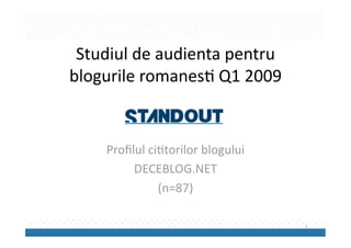 Studiul de audienta pentru 
blogurile romanes2 Q1 2009 


    Proﬁlul ci2torilor blogului  
         DECEBLOG.NET 
              (n=87) 

                                    1 
 