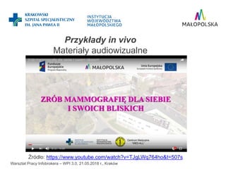 Przykłady in vivo
Materiały audiowizualne
Warsztat Pracy Infobrokera – WPI 3.0, 21.05.2018 r., Kraków
Źródło: https://www....