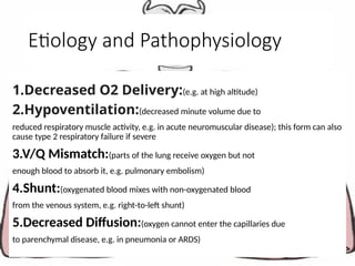 Etiology and Pathophysiology
1.Decreased O2 Delivery:(e.g. at high altitude)
2.Hypoventilation:(decreased minute volume due to
reduced respiratory muscle activity, e.g. in acute neuromuscular disease); this form can also
cause type 2 respiratory failure if severe
3.V/Q Mismatch:(parts of the lung receive oxygen but not
enough blood to absorb it, e.g. pulmonary embolism)
4.Shunt:(oxygenated blood mixes with non-oxygenated blood
from the venous system, e.g. right-to-left shunt)
5.Decreased Diffusion:(oxygen cannot enter the capillaries due
to parenchymal disease, e.g. in pneumonia or ARDS)
 