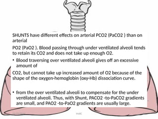 SHUNTS have different effects on arterial PCO2 (PaCO2 ) than on
arterial
PO2 (PaO2 ). Blood passing through under ventilated alveoli tends
to retain its CO2 and does not take up enough O2.
• Blood traversing over ventilated alveoli gives off an excessive
amount of
CO2, but cannot take up increased amount of O2 because of the
shape of the oxygen-hemoglobin (oxy-Hb) dissociation curve.
• from the over ventilated alveoli to compensate for the under
ventilated alveoli. Thus, with Shunt, PACO2 -to-PaCO2 gradients
are small, and PAO2 -to-PaO2 gradients are usually large.
11/23/2024 MsRC 22
 