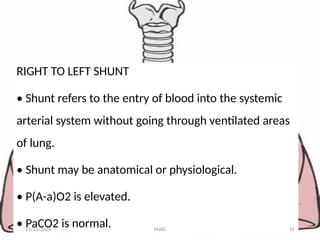 RIGHT TO LEFT SHUNT
• Shunt refers to the entry of blood into the systemic
arterial system without going through ventilated areas
of lung.
• Shunt may be anatomical or physiological.
• P(A-a)O2 is elevated.
• PaCO2 is normal.
11/23/2024 MsRC 31
 