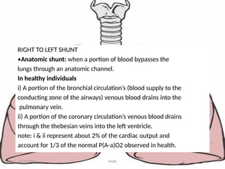RIGHT TO LEFT SHUNT
•Anatomic shunt: when a portion of blood bypasses the
lungs through an anatomic channel.
In healthy individuals
i) A portion of the bronchial circulation’s (blood supply to the
conducting zone of the airways) venous blood drains into the
pulmonary vein.
ii) A portion of the coronary circulation’s venous blood drains
through the thebesian veins into the left ventricle.
note: i & ii represent about 2% of the cardiac output and
account for 1/3 of the normal P(A-a)O2 observed in health.
11/23/2024 MsRC 32
 