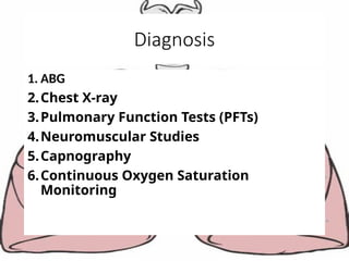 Diagnosis
1. ABG
2.Chest X-ray
3.Pulmonary Function Tests (PFTs)
4.Neuromuscular Studies
5.Capnography
6.Continuous Oxygen Saturation
Monitoring
 