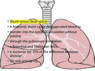 • Shunt versus Dead space
• • Anatomic shunt cause deoxygenated blood to
• transfer into the systemic circulation without
passing
• through the pulmonary circulation:
• • Bronchial and Thebesian Veins
• • Accounts for 75% of the difference between
alveolar
• O2 and arterial O2.
11/23/2024 MsRC 56
 