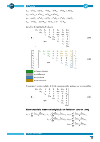 2 Théorie
© DLUBAL SOFTWARE 2017
13
2
d13,i = c3
sd′
11,i
+ cs3
d′
12,i
− c3
sd′
12,i
− cs3
d′
22,i
− 2c3
sd′
33,i
+ 2cs3
d′
33,i
d22,i = s4
d′
11,i
+ 2c2
s2
d′
12,i
+ c4
d′
22,i
+ 4c2
s2
d′
33,i
d23,i = cs3
d′
11,i
+ c3
sd′
12,i
− cs3
d′
12,i
− c3
sd′
22,i
+ 2c3
sd′
33,i
− 2cs3
d′
33,i
d33,i = c2
s2
d′
11,i
− 2c2
s2
d′
12,i
+ c2
s2
d′
22,i
+ (c2
− s2
)
2
d′
33,i
La matrice de rigidité globale est donc
D =
⎡
⎢
⎢
⎢
⎢
⎢
⎢
⎢
⎢
⎣
D11 D12 D13 0 0 D16 D17 D18
D22 D23 0 0 sym. D27 D28
D33 0 0 sym. sym. D38
D44 D45 0 0 0
D55 0 0 0
sym. D66 D67 D68
D77 D78
D88
⎤
⎥
⎥
⎥
⎥
⎥
⎥
⎥
⎥
⎦
(2.19)
⎡
⎢
⎢
⎢
⎢
⎢
⎢
⎢
⎢
⎢
⎣
mx
my
mxy
vx
vy
nx
ny
nxy
⎤
⎥
⎥
⎥
⎥
⎥
⎥
⎥
⎥
⎥
⎦
=
⎡
⎢
⎢
⎢
⎢
⎢
⎢
⎢
⎢
⎣
D11 D12 D13 0 0 D16 D17 D18
D22 D23 0 0 sym. D27 D28
D33 0 0 sym. sym. D38
D44 D45 0 0 0
D55 0 0 0
sym. D66 D67 D68
D77 D78
D88
⎤
⎥
⎥
⎥
⎥
⎥
⎥
⎥
⎥
⎦
⎡
⎢
⎢
⎢
⎢
⎢
⎢
⎢
⎢
⎢
⎣
𝜅x
𝜅y
𝜅xy
𝛾xz
𝛾yz
𝜀x
𝜀y
𝛾xy
⎤
⎥
⎥
⎥
⎥
⎥
⎥
⎥
⎥
⎥
⎦
(2.20)
en flexion et torsion
en cisaillement
en membrane
en excentrement
Si les angles 𝛽i sont des multiples de 90 °, la matrice de rigidité globale a une forme simplifiée
D =
⎡
⎢
⎢
⎢
⎢
⎢
⎢
⎢
⎢
⎣
D11 D12 0 0 0 D16 D17 0
D22 0 0 0 sym. D27 0
D33 0 0 0 0 D38
D44 0 0 0 0
D55 0 0 0
sym. D66 D67 0
D77 0
D88
⎤
⎥
⎥
⎥
⎥
⎥
⎥
⎥
⎥
⎦
(2.21)
Éléments de la matrice de rigidité : en flexion et torsion [Nm]
D11 =
n
∑
i=1
z3
max,i
− z3
min,i
3
d11,i D12 =
n
∑
i=1
z3
max,i
− z3
min,i
3
d12,i D13 =
n
∑
i=1
z3
max,i
− z3
min,i
3
d13,i
D22 =
n
∑
i=1
z3
max,i
− z3
min,i
3
d22,i D23 =
n
∑
i=1
z3
max,i
− z3
min,i
3
d23,i
D33 =
n
∑
i=1
z3
max,i
− z3
min,i
3
d33,i
 