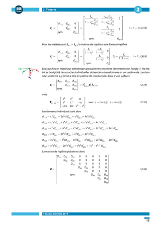 2 Théorie
© DLUBAL SOFTWARE 2017
17
2
d′
i
=
⎡
⎢
⎢
⎣
d′
11,i
d′
12,i
0
d′
22,i
0
sym. d′
33,i
⎤
⎥
⎥
⎦
=
⎡
⎢
⎢
⎢
⎢
⎢
⎢
⎢
⎣
Ex,i
1 − 𝜈2
xy,i
Ey,i
Ex,i
𝜈xy,i Ey,i
1 − 𝜈2
xy,i
Ey,i
Ex,i
0
Ey
1 − 𝜈2
xy,i
Ey,i
Ex,i
0
sym. Gxy,i
⎤
⎥
⎥
⎥
⎥
⎥
⎥
⎥
⎦
i = 1,...,n (2.32)
Pour les matériaux où Ex,i = Ey,i, la matrice de rigidité a une forme simplifiée :
d′
i
=
⎡
⎢
⎢
⎣
d′
11,i
d′
12,i
0
d′
22,i
0
sym. d′
33,i
⎤
⎥
⎥
⎦
=
⎡
⎢
⎢
⎢
⎣
Ei
1 − 𝜈 2
i
𝜈i Ei
1 − 𝜈 2
i
0
Ei
1 − 𝜈 2
i
0
sym. Gi
⎤
⎥
⎥
⎥
⎦
, Gi =
Ei
2 (1 + 𝜈i)
, i = 1,...,n(2.33)
Les couches en matériaux orthotropes pouvant être orientées librement selon l'angle 𝛽, les ma-
trices de rigidité des couches individuelles doivent être transformées en un système de coordon-
nées uniforme x, y (c'est-à-dire le système de coordonnées local d'une surface).
di =
⎡
⎢
⎣
d11,i d12,i d13,i
d22,i d23,i
sym. d33,i
⎤
⎥
⎦
= TT
3×3,i
d′
i
T3×3,i (2.34)
avec
T3×3,i =
⎡
⎢
⎣
c2
s2
cs
s2
c2
−cs
−2cs 2cs c2
− s2
⎤
⎥
⎦
avec c = cos (𝛽i) , s = sin (𝛽i) (2.35)
Les éléments individuels sont alors
d11,i = c4
d′
11,i
+ 2c2
s2
d′
12,i
+ s4
d′
22,i
+ 4c2
s2
d′
33,i
d12,i = c2
s2
d′
11,i
+ s4
d′
12,i
+ c4
d′
12,i
+ c2
s2
d′
22,i
− 4c2
s2
d′
33,i
d13,i = c3
sd′
11,i
+ cs3
d′
12,i
− c3
sd′
12,i
− cs3
d′
22,i
− 2c3
sd′
33,i
+ 2cs3
d′
33,i
d22,i = s4
d′
11,i
+ 2c2
s2
d′
12,i
+ c4
d′
22,i
+ 4c2
s2
d′
33,i
d23,i = cs3
d′
11,i
+ c3
sd′
12,i
− cs3
d′
12,i
− c3
sd′
22,i
+ 2c3
sd′
33,i
− 2cs3
d′
33,i
d33,i = c2
s2
d′
11,i
− 2c2
s2
d′
12,i
+ c2
s2
d′
22,i
+ (c2
− s2
)
2
d′
33,i
La matrice de rigidité globale est donc
D =
⎡
⎢
⎢
⎢
⎢
⎢
⎢
⎢
⎢
⎣
D11 D12 D13 0 0 0 0 0
D22 D23 0 0 0 0 0
D33 0 0 0 0 0
D44 D45 0 0 0
D55 0 0 0
sym. D66 D67 D68
D77 D78
D88
⎤
⎥
⎥
⎥
⎥
⎥
⎥
⎥
⎥
⎦
(2.36)
 