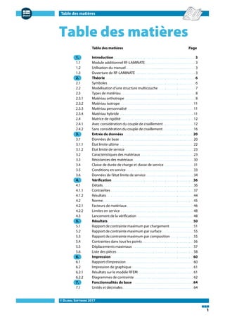 Table des matières
© DLUBAL SOFTWARE 2017
1
Table des matières
Table des matières Page
1. Introduction . . . . . . . . . . . . . . . . . . . . . . . . . . . . . . . . . . . . . . . . . . . . . . . . . . . . . . 3
1.1 Module additionnel RF-LAMINATE . . . . . . . . . . . . . . . . . . . . . . . . . . . . . . . . . 3
1.2 Utilisation du manuel. . . . . . . . . . . . . . . . . . . . . . . . . . . . . . . . . . . . . . . . . . . . . . 3
1.3 Ouverture de RF-LAMINATE . . . . . . . . . . . . . . . . . . . . . . . . . . . . . . . . . . . . . . . 3
2. Théorie . . . . . . . . . . . . . . . . . . . . . . . . . . . . . . . . . . . . . . . . . . . . . . . . . . . . . . . . . . . 6
2.1 Symboles . . . . . . . . . . . . . . . . . . . . . . . . . . . . . . . . . . . . . . . . . . . . . . . . . . . . . . . . . . 6
2.2 Modélisation d'une structure multicouche . . . . . . . . . . . . . . . . . . . . . . . . 7
2.3 Types de matériau . . . . . . . . . . . . . . . . . . . . . . . . . . . . . . . . . . . . . . . . . . . . . . . . . 8
2.3.1 Matériau orthotrope. . . . . . . . . . . . . . . . . . . . . . . . . . . . . . . . . . . . . . . . . . . . . . . 8
2.3.2 Matériau isotrope . . . . . . . . . . . . . . . . . . . . . . . . . . . . . . . . . . . . . . . . . . . . . . . . 11
2.3.3 Matériau personnalisé . . . . . . . . . . . . . . . . . . . . . . . . . . . . . . . . . . . . . . . . . . . . 11
2.3.4 Matériau hybride . . . . . . . . . . . . . . . . . . . . . . . . . . . . . . . . . . . . . . . . . . . . . . . . . 11
2.4 Matrice de rigidité . . . . . . . . . . . . . . . . . . . . . . . . . . . . . . . . . . . . . . . . . . . . . . . . 12
2.4.1 Avec considération du couple de cisaillement . . . . . . . . . . . . . . . . . . . . 12
2.4.2 Sans considération du couple de cisaillement . . . . . . . . . . . . . . . . . . . . 16
3. Entrée de données . . . . . . . . . . . . . . . . . . . . . . . . . . . . . . . . . . . . . . . . . . . . . .20
3.1 Données de base . . . . . . . . . . . . . . . . . . . . . . . . . . . . . . . . . . . . . . . . . . . . . . . . . 20
3.1.1 État limite ultime . . . . . . . . . . . . . . . . . . . . . . . . . . . . . . . . . . . . . . . . . . . . . . . . . 22
3.1.2 État limite de service . . . . . . . . . . . . . . . . . . . . . . . . . . . . . . . . . . . . . . . . . . . . . 23
3.2 Caractéristiques des matériaux . . . . . . . . . . . . . . . . . . . . . . . . . . . . . . . . . . . 23
3.3 Résistances des matériaux . . . . . . . . . . . . . . . . . . . . . . . . . . . . . . . . . . . . . . . . 30
3.4 Classe de durée de charge et classe de service . . . . . . . . . . . . . . . . . . . 31
3.5 Conditions en service. . . . . . . . . . . . . . . . . . . . . . . . . . . . . . . . . . . . . . . . . . . . . 33
3.6 Données de l'état limite de service . . . . . . . . . . . . . . . . . . . . . . . . . . . . . . . 34
4. Vérification . . . . . . . . . . . . . . . . . . . . . . . . . . . . . . . . . . . . . . . . . . . . . . . . . . . . . .36
4.1 Détails . . . . . . . . . . . . . . . . . . . . . . . . . . . . . . . . . . . . . . . . . . . . . . . . . . . . . . . . . . . . 36
4.1.1 Contraintes . . . . . . . . . . . . . . . . . . . . . . . . . . . . . . . . . . . . . . . . . . . . . . . . . . . . . . . 37
4.1.2 Résultats . . . . . . . . . . . . . . . . . . . . . . . . . . . . . . . . . . . . . . . . . . . . . . . . . . . . . . . . . 44
4.2 Norme . . . . . . . . . . . . . . . . . . . . . . . . . . . . . . . . . . . . . . . . . . . . . . . . . . . . . . . . . . . . 45
4.2.1 Facteurs de matériaux . . . . . . . . . . . . . . . . . . . . . . . . . . . . . . . . . . . . . . . . . . . . 46
4.2.2 Limites en service . . . . . . . . . . . . . . . . . . . . . . . . . . . . . . . . . . . . . . . . . . . . . . . . 48
4.3 Lancement de la vérification . . . . . . . . . . . . . . . . . . . . . . . . . . . . . . . . . . . . . 48
5. Résultats. . . . . . . . . . . . . . . . . . . . . . . . . . . . . . . . . . . . . . . . . . . . . . . . . . . . . . . . .50
5.1 Rapport de contrainte maximum par chargement. . . . . . . . . . . . . . . . 51
5.2 Rapport de contrainte maximum par surface . . . . . . . . . . . . . . . . . . . . . 55
5.3 Rapport de contrainte maximum par composition . . . . . . . . . . . . . . . 55
5.4 Contraintes dans tous les points . . . . . . . . . . . . . . . . . . . . . . . . . . . . . . . . . . 56
5.5 Déplacements maximaux . . . . . . . . . . . . . . . . . . . . . . . . . . . . . . . . . . . . . . . . 57
5.6 Liste des pièces . . . . . . . . . . . . . . . . . . . . . . . . . . . . . . . . . . . . . . . . . . . . . . . . . . . 58
6. Impression . . . . . . . . . . . . . . . . . . . . . . . . . . . . . . . . . . . . . . . . . . . . . . . . . . . . . .60
6.1 Rapport d'impression. . . . . . . . . . . . . . . . . . . . . . . . . . . . . . . . . . . . . . . . . . . . . 60
6.2 Impression de graphique . . . . . . . . . . . . . . . . . . . . . . . . . . . . . . . . . . . . . . . . . 61
6.2.1 Résultats sur le modèle RFEM. . . . . . . . . . . . . . . . . . . . . . . . . . . . . . . . . . . . . 61
6.2.2 Diagrammes de contrainte . . . . . . . . . . . . . . . . . . . . . . . . . . . . . . . . . . . . . . . 62
7. Fonctionnalités de base . . . . . . . . . . . . . . . . . . . . . . . . . . . . . . . . . . . . . . . .64
7.1 Unités et décimales. . . . . . . . . . . . . . . . . . . . . . . . . . . . . . . . . . . . . . . . . . . . . . . 64
 