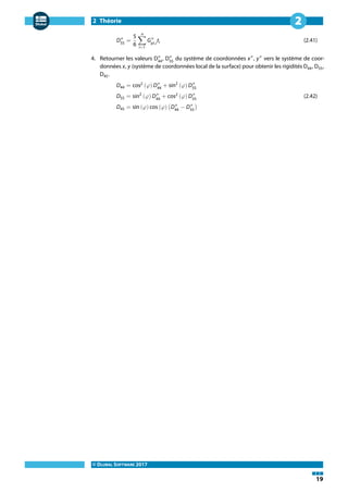 2 Théorie
© DLUBAL SOFTWARE 2017
19
2
D″
55
=
5
6
n
∑
i=1
G″
yz,i
ti (2.41)
4. Retourner les valeurs D″
44
, D″
55
du système de coordonnées x″
, y″
vers le système de coor-
données x, y (système de coordonnées local de la surface) pour obtenir les rigidités D44, D55,
D45.
D44 = cos2
(𝜑) D″
44
+ sin2
(𝜑) D″
55
D55 = sin2
(𝜑) D″
44
+ cos2
(𝜑) D″
55
(2.42)
D45 = sin (𝜑) cos (𝜑) (D″
44
− D″
55
)
 