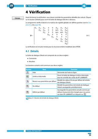 4 Vérification
© DLUBAL SOFTWARE 2017
36
4
4 Vérification
Avant de lancer la vérification, vous devez contrôler les paramètres détaillés des calculs. Cliquez
sur le bouton [Détails] pour ouvrir la boîte de dialogue décrite ci-dessous.
Le programme vérifie d'abord si la matrice de rigidité globale est définie positive (voir le Cha-
pitre 9.2, à la page 96).
D =
⎡
⎢
⎢
⎢
⎢
⎢
⎢
⎢
⎢
⎣
D11 D12 D13 0 0 D16 D17 D18
D22 D23 0 0 sym. D27 D28
D33 0 0 sym. sym. D38
D44 0 0 0 0
D55 0 0 0
sym. D66 D67 D68
D77 D78
D88
⎤
⎥
⎥
⎥
⎥
⎥
⎥
⎥
⎥
⎦
(4.1)
La vérification est ensuite menée pour la structure entière modélisée dans RFEM.
4.1 Détails
La boîte de dialogue Détails est composée de ces deux onglets :
• Contraintes
• Résultats
Les boutons suivants sont communs aux deux onglets.
Bouton Nom Fonction
Aide Demander de l'aide en ligne
Unités et décimales
Ouvrir la boîte de dialogue Unités et décimales
pour le contrôle des unités de RF-LAMINATE
Revenir aux paramètres par défaut
Rétablir les valeurs DLUBALpar défaut de la boîte
de dialogue Détails.
Par défaut
Rétablir les paramètres de la boîte de dialogue
Détails sauvegardés précédemment
Définir par défaut
Sauvegarder les paramètres actuels comme par
défaut, ils pourront être chargés pour vos autres
cas dans RF-LAMINATE en cliquant sur
Tableau 4.1: Boutons de la boîte de dialogue Détails
 