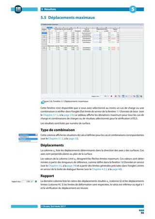 5 Résultats
© DLUBAL SOFTWARE 2017
56
5
5.5 Déplacements maximaux
Figure 5.6: Fenêtre 3.1 Déplacements maximaux
Cette fenêtre n'est disponible que si vous avez sélectionné au moins un cas de charge ou une
combinaison à vérifier dans l'onglet État limite de service de la fenêtre 1.1 Données de base (voir
le Chapitre 3.1.2, à la page 23). Le tableau affiche les déviations maximum pour tous les cas de
charge et combinaisons de charges ou de résultats sélectionnés pour la vérification à l'ELS.
Les résultats sont listés par numéro de surface.
Type de combinaison
Cette colonne affiche les situations de calcul définies pour les cas et combinaisons correspondantes
(voir le Chapitre 3.1.2, à la page 23).
Déplacements
La colonne uz liste les déplacements déterminants dans la direction des axes z des surfaces. Ces
axes sont perpendiculaires au plan de la surface.
Les valeurs de la colonne Limit uz désignent les flèches limites maximum. Ces valeurs sont déter-
minées à partir des longueurs de référence, comme défini dans la fenêtre 1.6 Données en service
(voir le Chapitre 3.6, à la page 34) et à partir des limites générales précisées dans l'onglet Limites
en service de la boîte de dialogue Norme (voir le Chapitre 4.2.2, à la page 48).
Rapport
La dernière colonne liste les ratios des déplacements résultés uz (colonne G) et les déplacements
limites (colonne H). Si les limites de déformation sont respectées, le ratios est inférieur ou égal à 1
et la vérification du déplacement est réussie.
 