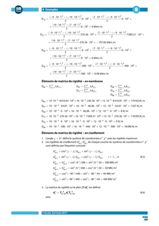8 Exemples
© DLUBAL SOFTWARE 2017
69
8
D18 =
(−9 ⋅ 10−3)
2
− (−19 ⋅ 10−3)
2
2
0 ⋅ 103
+
(7 ⋅ 10−3)
2
− (−9 ⋅ 10−3)
2
2
0 ⋅ 103
+
+
(19 ⋅ 10−3)
2
− (7 ⋅ 10−3)
2
2
0 ⋅ 103
= 0 kNm/m
D27 =
(−9 ⋅ 10−3)
2
− (−19 ⋅ 10−3)
2
2
270,36 ⋅ 103
+
(7 ⋅ 10−3)
2
− (−9 ⋅ 10−3)
2
2
7 009,21 ⋅ 103
+
+
(19 ⋅ 10−3)
2
− (7 ⋅ 10−3)
2
2
270,36 ⋅ 103
= −107,82 kNm/m
D28 =
(−9 ⋅ 10−3)
2
− (−19 ⋅ 10−3)
2
2
0 ⋅ 103
+
(7 ⋅ 10−3)
2
− (−9 ⋅ 10−3)
2
2
0 ⋅ 103
+
+
(19 ⋅ 10−3)
2
− (7 ⋅ 10−3)
2
2
0 ⋅ 103
= 0 kNm/m
D38 =
(−9 ⋅ 10−3)
2
− (−19 ⋅ 10−3)
2
2
500 ⋅ 103
+
(7 ⋅ 10−3)
2
− (−9 ⋅ 10−3)
2
2
440 ⋅ 103
+
+
(19 ⋅ 10−3)
2
− (7 ⋅ 10−3)
2
2
500 ⋅ 103
= 0,96 kNm/m
Éléments de matrice de rigidité – en membrane
D66 = ∑n
i=1
tid11,i D67 = ∑n
i=1
tid12,i D68 = ∑n
i=1
tid13,i
D77 = ∑n
i=1
tid22,i D78 = ∑n
i=1
tid23,i
D88 = ∑
n
i=1
tid33,i
D66 = 10⋅10−3
⋅8 010,81⋅103
+16⋅10−3
⋅230,30⋅103
+12⋅10−3
⋅8 010,81⋅103
= 179 923N/m
D67 = 10 ⋅ 10−3
⋅ 54,07 ⋅ 103
+ 16 ⋅ 10−3
⋅ 46,06 ⋅ 103
+ 12 ⋅ 10−3
⋅ 54,07 ⋅ 103
= 1 927 N/m
D68 = 10 ⋅ 10−3
⋅ 0 ⋅ 103
+ 16 ⋅ 10−3
⋅ 46,06 ⋅ 103
+ 12 ⋅ 10−3
⋅ 0 ⋅ 103
= 0 N/m
D77 = 10⋅10−3
⋅270,36⋅103
+16⋅10−3
⋅7 009,21⋅103
+12⋅10−3
⋅270,36⋅103
= 118 095N/m
D78 = 10 ⋅ 10−3
⋅ 0 ⋅ 103
+ 16 ⋅ 10−3
⋅ 0 ⋅ 103
+ 12 ⋅ 10−3
⋅ 0 ⋅ 103
= 0 N/m
D88 = 10 ⋅ 10−3
⋅ 500 ⋅ 103
+ 16 ⋅ 10−3
⋅ 440 ⋅ 103
+ 12 ⋅ 10−3
⋅ 500 ⋅ 103
= 18 040 N/m
Éléments de matrice de rigidité – en cisaillement
1. L'angle 𝜑 = 0 ° défini le système de coordonnées x″
, y″
avec les rigidités maximum
2. Les rigidités de cisaillement G″
xz,i
, G″
yz,i
de chaque couche du système de coordonnées x″
, y″
sont définies par l'équation suivante
G″
xz,i
= cos2
(𝜑 − 𝛽i) Gxz,i + sin2
(𝜑 − 𝛽i) Gyz,i
G″
yz,i
= sin2
(𝜑 − 𝛽i) Gxz,i + cos2
(𝜑 − 𝛽i) Gyz,i i = 1,...,n (8.5)
G″
xz,1
= G″
xz,3
= cos2
(0 °) 500 + sin2
(0 °) 50 = 500 MN/m2
G″
yz,1
= G″
yz,3
= sin2
(0 °) 500 + cos2
(0 °) 50 = 50 MN/m2
G″
xz,2
= cos2
(−90 °) 440 + sin2
(−90 °) 44 = 44 MN/m2
G″
yz,2
= sin2
(−90 °) 440 + cos2
(−90 °) 44 = 440 MN/m2
3. La matrice de rigidité sur le plan 2D d″
i
est définie
d″
i
= T−T
3×3,i
d′
i
T−1
3×3,i
(8.6)
avec
 