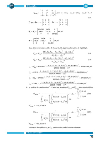 8 Exemples
© DLUBAL SOFTWARE 2017
70
8
T3×3,i =
⎡
⎢
⎣
c2
s2
cs
s2
c2
−cs
−2cs 2cs c2
− s2
⎤
⎥
⎦
, avec c = cos (𝜑 − 𝛽i) , s = sin (𝜑 − 𝛽i) , i = 1,...,n
(8.7)
T3×3,1 = T3×3,3 =
⎡
⎢
⎣
1 0 0
0 1 0
0 0 1
⎤
⎥
⎦
, T3×3,2 =
⎡
⎢
⎣
0 1 0
1 0 0
0 0 −1
⎤
⎥
⎦
d″
1
= d″
3
=
⎡
⎢
⎣
8 010,81 54,07 0
54,07 270,36 0
0 0 500,00
⎤
⎥
⎦
MN/m2
d″
2
=
⎡
⎢
⎣
230,30 46,06 0
46,06 7 009,21 0
0 0 440,00
⎤
⎥
⎦
MN/m2
Nous déterminons les modules de Young E″
x,i
, E″
y,i
à partir de la matrice de rigidité d″
i
.
E″
x,i
= d″
11,i
+
2d″
12,i
d″
13,i
d″
23,i
− d″
22,i
(d″
13,i
)
2
− d″
33,i
(d″
12,i
)
2
d″
22,i
d″
33,i
− (d″
23,i
)
2
(8.8)
E″
y,i
= d″
22,i
+
2d″
12,i
d″
13,i
d″
23,i
− d″
22,i
(d″
23,i
)
2
− d″
33,i
(d″
12,i
)
2
d″
11,i
d″
33,i
− (d″
13,i
)
2
(8.9)
E″
x,1
= E″
x,3
= 8 010,81+
2 ⋅ 54,07 ⋅ 0 ⋅ 0 − 270,36 (0)2
− 500,00 (54,07)2
270,36 ⋅ 500,00 − (0)2
= 8 000,00MN/m2
E″
x,2
= 230,30 +
2 ⋅ 46,06 ⋅ 0 ⋅ 0 − 7 009,21 (0)2
− 440,00 (46,06)2
7 009,21 ⋅ 440,00 − (0)2
= 230,00 MN/m2
E″
y,1
= E″
y,3
= 270,36+
2 ⋅ 54,07 ⋅ 0 ⋅ 0 − 8 010,81 (0)2
− 500,00 (54,07)2
8 010,81 ⋅ 500,00 − (0)2
= 270,00MN/m2
E″
y,2
= 7 009,21 +
2 ⋅ 46,06 ⋅ 0 ⋅ 0 − 230,30 (0)2
− 440,00 (46,06)2
230,30 ⋅ 440,00 − (0)2
= 7 000 MN/m2
4. Le système de coordonnées x″
, y″
, ainsi que les valeurs D″
44,calc
et D″
55,calc
sont ensuite définis.
D″
44,calc
=
1
t/2
∫
−t/2
1
G″
xz
(z)
⎛⎜⎜⎜⎜⎜⎜
⎝
t/2
∫
z
E″
x
(z) (z − z0,x) dz
t/2
∫
−t/2
E″
x
(z) (z − z0,x)
2
dz
⎞⎟⎟⎟⎟⎟⎟
⎠
2
dz
, z0,x =
t/2
∫
−t/2
E″
x
(z) zdz
t/2
∫
−t/2
E″
x
(z) dz
(8.10)
D″
44,calc
= 2 128,07 kN/m
D″
55,calc
=
1
t/2
∫
−t/2
1
G″
yz
(z)
⎛⎜⎜⎜⎜⎜⎜
⎝
t/2
∫
z
E″
y
(z) (z − z0,y) dz
t/2
∫
−t/2
E″
y
(z) (z − z0,y)
2
dz
⎞⎟⎟⎟⎟⎟⎟
⎠
2
dz
, z0,y =
t/2
∫
−t/2
E″
y
(z) zdz
t/2
∫
−t/2
E″
y
(z) dz
(8.11)
D″
55,calc
= 7 085,28 kN/m
Les valeurs des rigidités D44 et D55 sont données par les formules suivantes
 