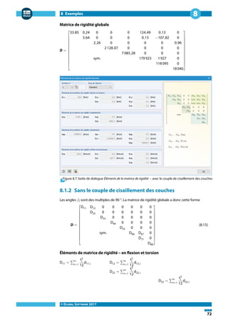 8 Exemples
© DLUBAL SOFTWARE 2017
72
8
Matrice de rigidité globale
D =
⎡
⎢
⎢
⎢
⎢
⎢
⎢
⎢
⎢
⎣
33,85 0,24 0 0 0 124,49 0,13 0
3,64 0 0 0 0,13 −107,82 0
2,26 0 0 0 0 0,96
2 128,07 0 0 0 0
7 085,28 0 0 0
sym. 179 923 1 927 0
118 095 0
18 040
⎤
⎥
⎥
⎥
⎥
⎥
⎥
⎥
⎥
⎦
Figure 8.7: boîte de dialogue Éléments de la matrice de rigidité – avec le couple de cisaillement des couches
8.1.2 Sans le couple de cisaillement des couches
Les angles 𝛽i sont des multiples de 90 °. La matrice de rigidité globale a donc cette forme
D =
⎡
⎢
⎢
⎢
⎢
⎢
⎢
⎢
⎢
⎣
D11 D12 0 0 0 0 0 0
D22 0 0 0 0 0 0
D33 0 0 0 0 0
D44 0 0 0 0
D55 0 0 0
sym. D66 D67 0
D77 0
D88
⎤
⎥
⎥
⎥
⎥
⎥
⎥
⎥
⎥
⎦
(8.15)
Éléments de matrice de rigidité – en flexion et torsion
D11 = ∑
n
i=1
t3
i
12
d11,i D12 = ∑
n
i=1
t3
i
12
d12,i
D22 = ∑n
i=1
t3
i
12
d22,i
D33 = ∑n
i=1
t3
i
12
d33,i
 