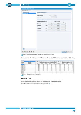 8 Exemples
© DLUBAL SOFTWARE 2017
88
8
Figure 8.29: boîte de dialogue Norme - EN 1995-1-1:2004-11/DIN
Les résistances du matériau sont définies dans la fenêtre 1.3 Résistances du matériau - Orthotrope.
Figure 8.30: Résistances du matériau
Résultats – ELU
La vérification à l'état limite ultime est réalisée selon l'AN 9.3 allemande.
Les efforts internes sont similaires à l'exemple de [5] :
 