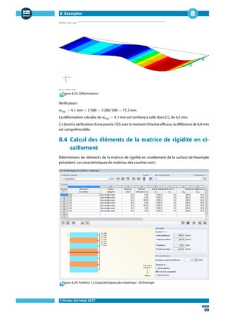 8 Exemples
© DLUBAL SOFTWARE 2017
90
8
Figure 8.33: Déformations
Vérification :
winst = 4,1 mm < l/300 = 5 200/300 = 17,3 mm
La déformation calculée de winst = 4,1 mm est similaire à celle dans [5], de 4,5 mm.
[5] étant la vérification d'une poutre (1D) avec le moment d'inertie efficace, la différence de 0,4 mm
est compréhensible.
8.4 Calcul des éléments de la matrice de rigidité en ci-
saillement
Déterminons les éléments de la matrice de rigidité en cisaillement de la surface de l'exemple
précédent. Les caractéristiques de matériau des couches sont :
Figure 8.34: Fenêtre 1.2 Caractéristiques des matériaux - Orthotrope
 