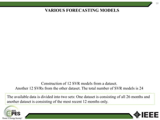 10
Construction of 12 SVR models from a dataset.
Another 12 SVRs from the other dataset. The total number of SVR models is 24
VARIOUS FORECASTING MODELS
The available data is divided into two sets: One dataset is consisting of all 26 months and
another dataset is consisting of the most recent 12 months only.
 