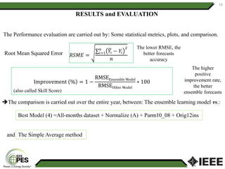 16
RESULTS and EVALUATION
Root Mean Squared Error
The lower RMSE, the
better forecasts
accuracy
The Performance evaluation are carried out by: Some statistical metrics, plots, and comparison.
Best Model (4) =All-months dataset + Normalize (A) + Parm10_08 + Orig12ins
The comparison is carried out over the entire year, between: The ensemble learning model vs.:
The Simple Average methodand
The higher
positive
improvement rate,
the better
ensemble forecasts
Improvement % = 1 −
RMSEEnsemble Model
RMSEOther Model
∗ 100
(also called Skill Score)
 