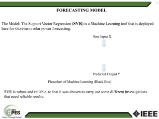 7
The Model: The Support Vector Regression (SVR) is a Machine Learning tool that is deployed
here for short-term solar power forecasting.
Flowchart of Machine Learning (Black Box)
New Input X
Predicted Output Y
SVR is robust and reliable, to that it was chosen to carry out some different investigations
that need reliable results.
FORECASTING MODEL
 