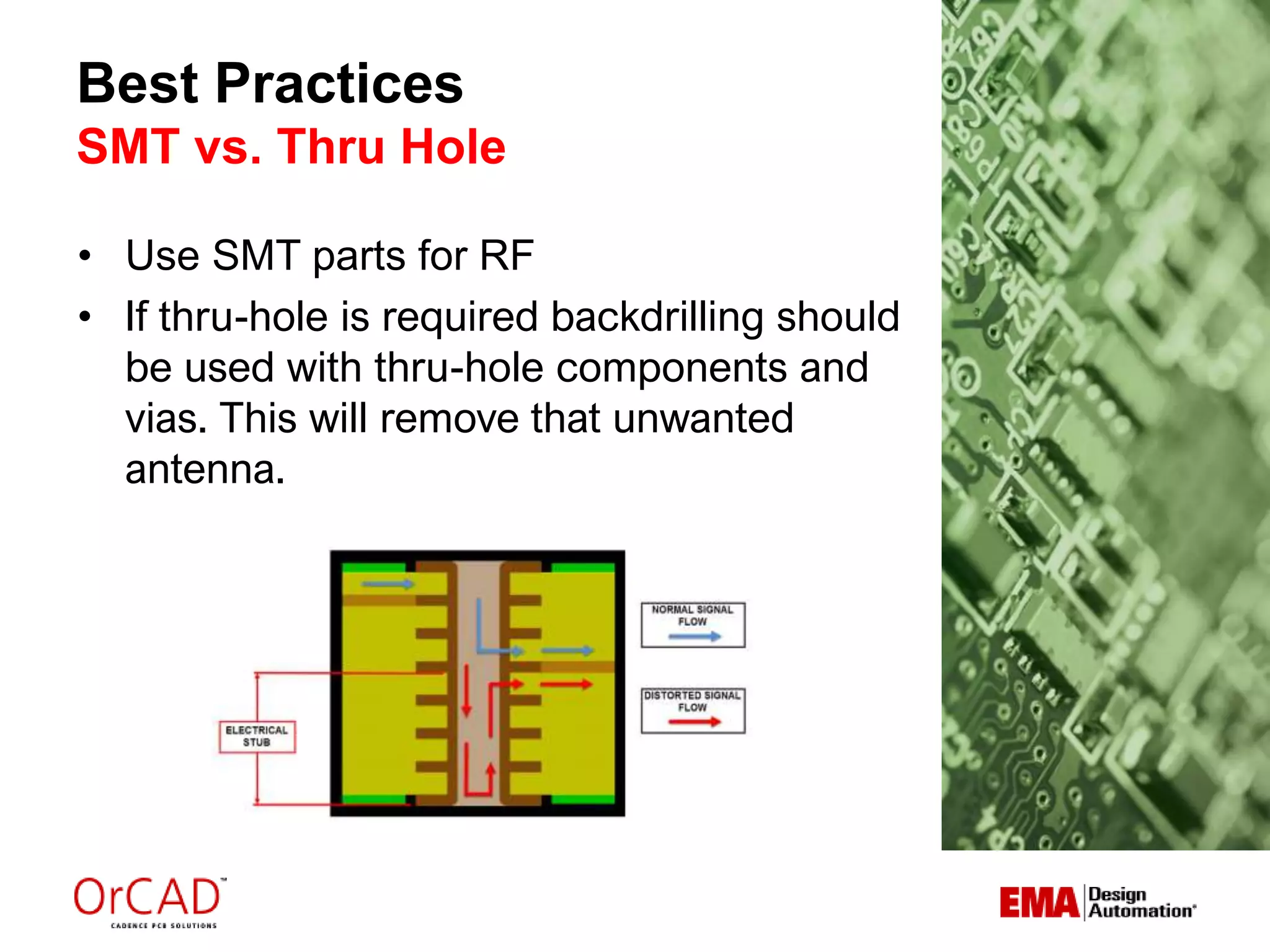 Best Practices
SMT vs. Thru Hole
• Use SMT parts for RF
• If thru-hole is required backdrilling should
be used with thru-hole components and
vias. This will remove that unwanted
antenna.
 