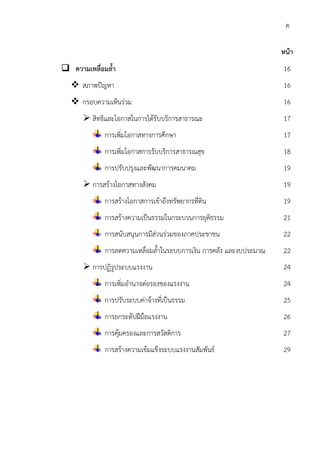 ค
หน้า
ความเหลื่อมล้ํา 16
สภาพปัญหา 16
กรอบความเห็นร่วม 16
สิทธิและโอกาสในการได้รับบริการสาธารณะ 17
การเพิ่มโอกาสทางการศึกษา 17
การเพิ่มโอกาสการรับบริการสาธารณสุข 18
การปรับปรุงและพัฒนาการคมนาคม 19
การสร้างโอกาสทางสังคม 19
การสร้างโอกาสการเข้าถึงทรัพยากรที่ดิน 19
การสร้างความเป็นธรรมในกระบวนการยุติธรรม 21
การสนับสนุนการมีส่วนร่วมของภาคประชาชน 22
การลดความเหลื่อมล้ําในระบบการเงิน การคลัง และงบประมาณ 22
การปฏิรูประบบแรงงาน 24
การเพิ่มอํานาจต่อรองของแรงงาน 24
การปรับระบบค่าจ้างที่เป็นธรรม 25
การยกระดับฝีมือแรงงาน 26
การคุ้มครองและการสวัสดิการ 27
การสร้างความเข้มแข็งระบบแรงงานสัมพันธ์ 29
 