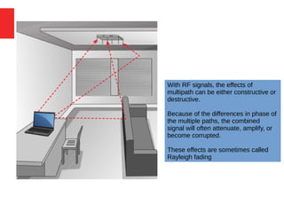 With RF signals, the effects of
multipath can be either constructive or
destructive.
Because of the differences in phase of
the multiple paths, the combined
signal will often attenuate, amplify, or
become corrupted.
These effects are sometimes called
Rayleigh fading
 