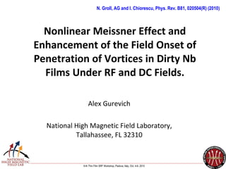 Nonlinear Meissner Effect and Enhancement of the Field Onset of Penetration of Vortices in Dirty Nb Films Under RF and DC Fields.   Alex Gurevich National High Magnetic Field Laboratory, Tallahassee, FL 32310 6-th Thin Film SRF Workshop, Padova, Italy, Oct. 4-6, 2010 N. Groll, AG and I. Chiorescu, Phys. Rev. B81, 020504(R) (2010) 