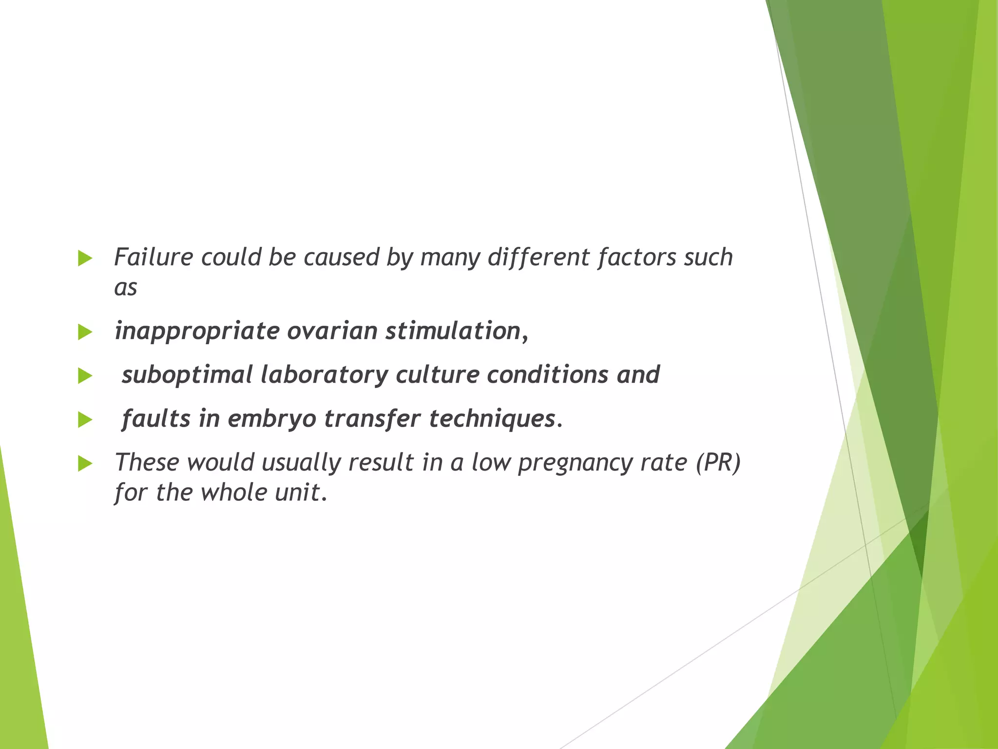  Failure could be caused by many different factors such
as
 inappropriate ovarian stimulation,
 suboptimal laboratory culture conditions and
 faults in embryo transfer techniques.
 These would usually result in a low pregnancy rate (PR)
for the whole unit.
 
