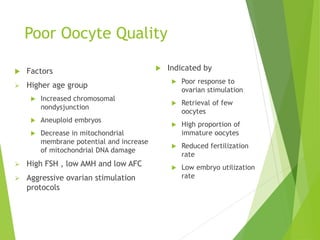 Poor Oocyte Quality
 Factors
 Higher age group
 Increased chromosomal
nondysjunction
 Aneuploid embryos
 Decrease in mitochondrial
membrane potential and increase
of mitochondrial DNA damage
 High FSH , low AMH and low AFC
 Aggressive ovarian stimulation
protocols
 Indicated by
 Poor response to
ovarian stimulation
 Retrieval of few
oocytes
 High proportion of
immature oocytes
 Reduced fertilization
rate
 Low embryo utilization
rate
 
