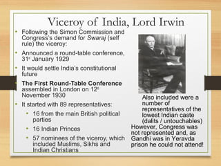 Viceroy of India, Lord Irwin
• Following the Simon Commission and
Congress’s demand for Swaraj (self
rule) the viceroy:
• Announced a round-table conference,
31st
January 1929
• It would settle India’s constitutional
future
• The First Round-Table Conference
assembled in London on 12th
November 1930
• It started with 89 representatives:
• 16 from the main British political
parties
• 16 Indian Princes
• 57 nominees of the viceroy, which
included Muslims, Sikhs and
Indian Christians
Also included were a
number of
representatives of the
lowest Indian caste
(dalits / untouchables)
However, Congress was
not represented and, as
Gandhi was in Yeravda
prison he could not attend!
 