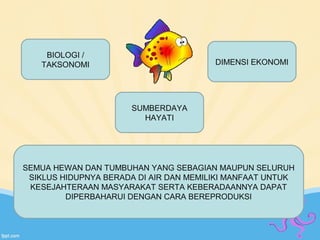BIOLOGI / 
TAKSONOMI 
SUMBERDAYA 
HAYATI 
DIMENSI EKONOMI 
SEMUA HEWAN DAN TUMBUHAN YANG SEBAGIAN MAUPUN SELURUH 
SIKLUS HIDUPNYA BERADA DI AIR DAN MEMILIKI MANFAAT UNTUK 
KESEJAHTERAAN MASYARAKAT SERTA KEBERADAANNYA DAPAT 
DIPERBAHARUI DENGAN CARA BEREPRODUKSI 
 