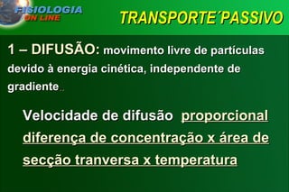 TRANSPORTE´PASSIVO 1 – DIFUSÃO:  movimento livre de partículas devido à energia cinética, independente de gradiente . . Velocidade de difusão   proporcional diferença de concentração x área de secção tranversa x temperatura 