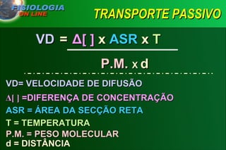 TRANSPORTE PASSIVO VD = Δ [ ]  x  ASR  x  T P.M.   X  d  VD= VELOCIDADE DE DIFUSÃO Δ [ ]   =DIFERENÇA DE CONCENTRAÇÃO ASR = ÁREA DA SECÇÃO RETA T = TEMPERATURA P.M. = PESO MOLECULAR d = DISTÂNCIA 