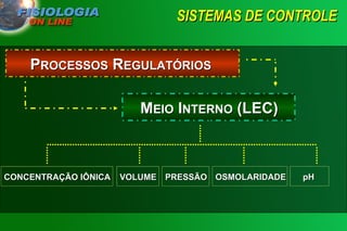 SISTEMAS DE CONTROLE   CONCENTRAÇÃO IÔNICA   VOLUME   PRESSÃO   OSMOLARIDADE   pH P ROCESSOS  R EGULATÓRIOS   M EIO  I NTERNO  (LEC)   