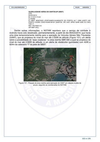 RF A-134/CENIPA/2014 PR-AFA 13AGO2014
122 de 170
GUARUJA/BASE AEREA DE SANTOS,SP (SBST)
OTR
D3787/2013
B) 11/12/13 15:42
C) PERM
E) OBST MONTADO (PORTAINER-GUINDASTE DO PORTO) ALT 128M (420FT) NO
PONTO COORD 235531S/0461841W (SANTOS, SP) DIST APRX 824M AZM 272 DEG
THR 17
REF: ROTAER 3-S
AIP MAP VAC)
Dentre outras informações, o NOTAM reportava que o serviço de combate à
incêndio havia sido desativado, permanentemente, a partir do dia 08AGO2014; que havia
uma área temporariamente restrita para a operação de Veículos Aéreos Não Tripulados
(VANT), que se projetava do nível do mar até 2.500ft de altitude (Figura 131); um alerta
sobre a possibilidade de “asas voadoras” na área restrita SBR 406 a qual se projetava do
nível do mar até 2.500ft de altitude; e um alerta de obstáculos (guindaste) com 420ft a
824m da cabeceira 17 da pista de SBST.
Figura 131 - Posição da área restrita para operação de VANT em relação à pista de
pouso, segundo as coordenadas do NOTAM.
 