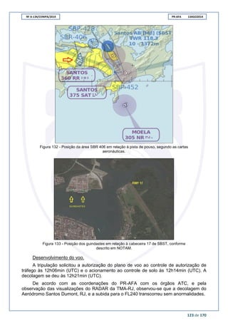 RF A-134/CENIPA/2014 PR-AFA 13AGO2014
123 de 170
Figura 132 - Posição da área SBR 406 em relação à pista de pouso, segundo as cartas
aeronáuticas.
Figura 133 - Posição dos guindastes em relação à cabeceira 17 de SBST, conforme
descrito em NOTAM.
Desenvolvimento do voo.
A tripulação solicitou a autorização do plano de voo ao controle de autorização de
tráfego às 12h06min (UTC) e o acionamento ao controle de solo às 12h14min (UTC). A
decolagem se deu às 12h21min (UTC).
De acordo com as coordenações do PR-AFA com os órgãos ATC, e pela
observação das visualizações do RADAR da TMA-RJ, observou-se que a decolagem do
Aeródromo Santos Dumont, RJ, e a subida para o FL240 transcorreu sem anormalidades.
 