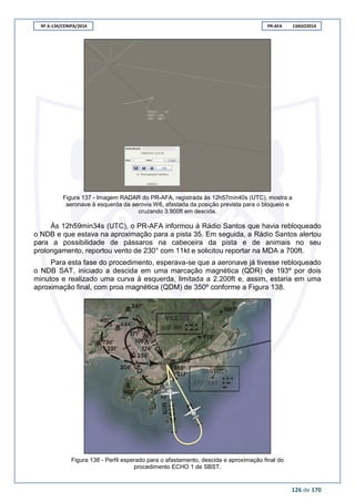 RF A-134/CENIPA/2014 PR-AFA 13AGO2014
126 de 170
Figura 137 - Imagem RADAR do PR-AFA, registrada às 12h57min40s (UTC), mostra a
aeronave à esquerda da aerovia W6, afastada da posição prevista para o bloqueio e
cruzando 3.900ft em descida.
Às 12h59min34s (UTC), o PR-AFA informou à Rádio Santos que havia rebloqueado
o NDB e que estava na aproximação para a pista 35. Em seguida, a Rádio Santos alertou
para a possibilidade de pássaros na cabeceira da pista e de animais no seu
prolongamento, reportou vento de 230° com 11kt e solicitou reportar na MDA a 700ft.
Para esta fase do procedimento, esperava-se que a aeronave já tivesse rebloqueado
o NDB SAT, iniciado a descida em uma marcação magnética (QDR) de 193º por dois
minutos e realizado uma curva à esquerda, limitada a 2.200ft e, assim, estaria em uma
aproximação final, com proa magnética (QDM) de 350º conforme a Figura 138.
Figura 138 - Perfil esperado para o afastamento, descida e aproximação final do
procedimento ECHO 1 de SBST.
 