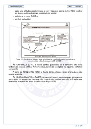RF A-134/CENIPA/2014 PR-AFA 13AGO2014
133 de 170
- após uma altitude predeterminada e com velocidade acima da VAP+10kt, recolher
os flapes, acelerando para a velocidade de subida;
- selecionar o modo CLIMB; e
- conferir o checklist.
Figura 151 - Parâmetros a serem observados durante a realização de um procedimento
de arremetida, estabelecidos para o CE 560XLS+.
Às 13h01min22s (UTC), a Rádio Santos questionou se a aeronave faria nova
tentativa de pouso e o PR-AFA informou que, devido às condições, iria aguardar e chamar
novamente.
A partir de 13h02min16s (UTC), a Rádio Santos efetuou várias chamadas e não
obteve resposta.
Às 13h02min30s (UTC), o RADAR gerou uma imagem que mostrava a aeronave no
setor oeste do aeródromo, mas que não possuía um nível de precisão suficiente para
determinar sua posição, altura ou velocidade (Figura 152).
 