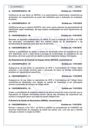 RF A-134/CENIPA/2014 PR-AFA 13AGO2014
165 de 170
A - 134/CENIPA/2014 - 06 Emitida em: 11/01/2016
Certificar-se de que todos os INSPAC e os examinadores credenciados mantenham-se
atualizados nos equipamentos os quais são habilitados para a realização de avaliações
de pilotos.
A - 134/CENIPA/2014 - 07 Emitida em: 11/01/2016
Certificar-se de que o sistema DCERTA, bem como outros sistemas de gerenciamento de
habilitações sejam atualizados, tão logo existam modificações nos seus regulamentos de
referência.
A - 134/CENIPA/2014 - 08 Emitida em: 11/01/2016
Reavaliar os requisitos estabelecidos do RBHA 91 para a instalação de CVR e de FDR
nas aeronaves, considerando além dos critérios atuais, os de desempenho e de
complexidade de operação para cada tipo de aeronave.
A - 134/CENIPA/2014 - 09 Emitida em: 11/01/2016
Verificar a possibilidade de adotar o sistema de declaração online de experiência de voo
(CIV eletrônica), como o meio oficial e principal de comprovação de experiência de voo
dos pilotos, de modo a permitir um rápido e preciso tratamento dessas informações.
Ao Departamento de Controle do Espaço Aéreo (DECEA), recomenda-se:
A - 134/CENIPA/2014 - 10 Emitida em: 11/01/2016
Assegurar-se de que todos os operadores de AFIS e Controladores de Tráfego Aéreo
assumam a sua função somente após a conclusão de todos os trâmites protocolares
previstos em regulamentos específicos.
A - 134/CENIPA/2014 - 11 Emitida em: 11/01/2016
Assegurar-se de que todos os operadores de AFIS e Controladores de Tráfego Aéreo
mantenham-se atualizados com relação ao padrão de fraseologia a ser empregado
durante a prestação de serviços de tráfego aéreo.
A - 134/CENIPA/2014 - 12 Emitida em: 11/01/2016
Avaliar a possibilidade de implantar sistemas de alarme remoto de modo a permitir que os
Operadores de Estação Aeronáutica tomem ciência das condições de inoperância dos
auxílios à navegação assim que estes se tornem indisponíveis.
À Diretoria de Saúde da Aeronáutica (DIRSA), recomenda-se:
A - 134/CENIPA/2014 - 13 Emitida em: 11/01/2016
Revisar e adequar a ICA 160-1, de forma a redefinir as competências do COMAER nos
assuntos relacionados às inspeções de saúde dos pilotos civis, uma vez que a referida
instrução é anterior à criação da ANAC.
 