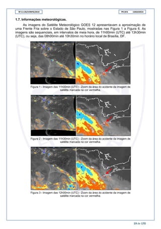 RF A-134/CENIPA/2014 PR-AFA 13AGO2014
19 de 170
1.7. Informações meteorológicas.
As imagens do Satélite Meteorológico GOES 12 apresentavam a aproximação de
uma Frente Fria sobre o Estado de São Paulo, mostradas nas Figura 1 a Figura 6. As
imagens são sequenciais, em intervalos de meia hora, de 11h00min (UTC) até 13h30min
(UTC), ou seja, das 08h00min até 10h30min no horário local de Brasília, DF.
Figura 1 - Imagem das 11h00min (UTC) - Zoom da área do acidente da imagem de
satélite marcada na cor vermelha.
Figura 2 - Imagem das 11h30min (UTC) - Zoom da área do acidente da imagem de
satélite marcada na cor vermelha.
Figura 3 - Imagem das 12h00min (UTC) - Zoom da área do acidente da imagem de
satélite marcada na cor vermelha.
 