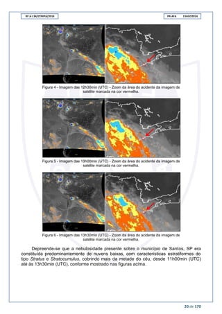 RF A-134/CENIPA/2014 PR-AFA 13AGO2014
20 de 170
Figura 4 - Imagem das 12h30min (UTC) - Zoom da área do acidente da imagem de
satélite marcada na cor vermelha.
Figura 5 - Imagem das 13h00min (UTC) - Zoom da área do acidente da imagem de
satélite marcada na cor vermelha.
Figura 6 - Imagem das 13h30min (UTC) - Zoom da área do acidente da imagem de
satélite marcada na cor vermelha.
Depreende-se que a nebulosidade presente sobre o município de Santos, SP era
constituída predominantemente de nuvens baixas, com características estratiformes do
tipo Stratus e Stratocumulus, cobrindo mais da metade do céu, desde 11h00min (UTC)
até às 13h30min (UTC), conforme mostrado nas figuras acima.
 