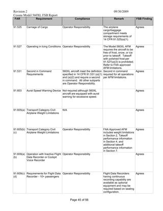 Revision 2 09/30/2009
Cessna Model 560XL FSB Report
Page 45 of 56
FAR Requirement Compliance Remark FSB Finding
91.525 Carriage of Cargo Operator Responsibility The airplane
cargo/baggage
compartment meets
storage requirements of
14 CFR 91.525(a)(1).
Agrees
91.527 Operating in Icing Conditions Operator Responsibility The Model 560XL AFM
requires the aircraft to be
free of frost, snow, or ice
prior to takeoff. Takeoff
with polished frost per
91.527(a)(3) is prohibited.
Refer to FAA approved
AFM limitations.
Agrees
91.531 Second in Command
Requirements
560XL aircraft meet the definition
specified in 14 CFR 91.531 (a)(1)
and (a)(2) and require a second
in command. All other subparts
are Operator Responsibility.
Second in command
required for all operations
per AFM limitations.
Agrees
91.603 Aural Speed Warning Device Not required although 560XL
aircraft are equipped with aural
warning for excessive speed.
Agrees
91.605(a) Transport Category Civil
Airplane Weight Limitations
N/A Agrees
91.605(b)
(c)
Transport Category Civil
Airplane Weight Limitations
Operator Responsibility FAA Approved AFM
includes weight limitations
in Section 2, Takeoff
performance information
in Section 4, and
additional takeoff
performance information
in Section 7.
Agrees
91.609(a)
(b)
Operation with Inactive Flight
Data Recorder or Cockpit
Voice Recorder
Operator Responsibility Agrees
91.609(c)
(d)
Requirements for Flight Data
Recorder - 10+ passengers
Operator Responsibility Flight Data Recorders
having continuous
recording capability are
available as optional
equipment and may be
required based on seating
configuration.
Agrees
 